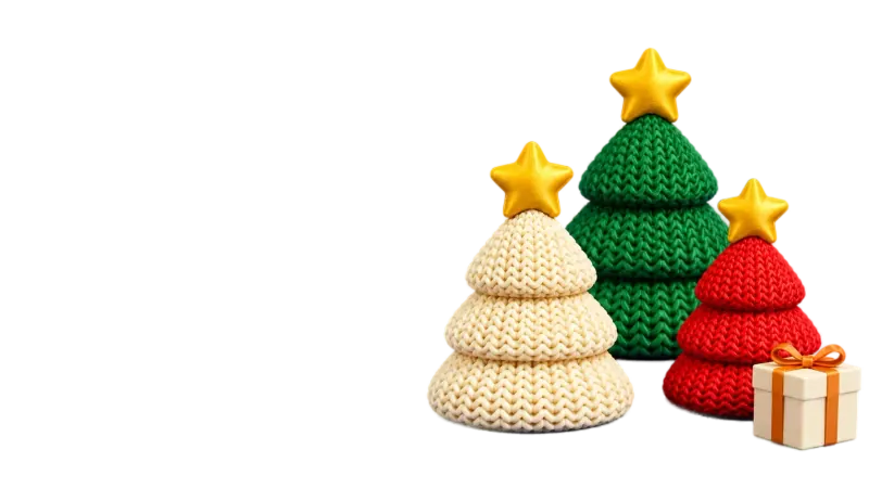 Árvores decorativas com textura de tricô nas cores verde, creme e vermelho e estrelas douradas
