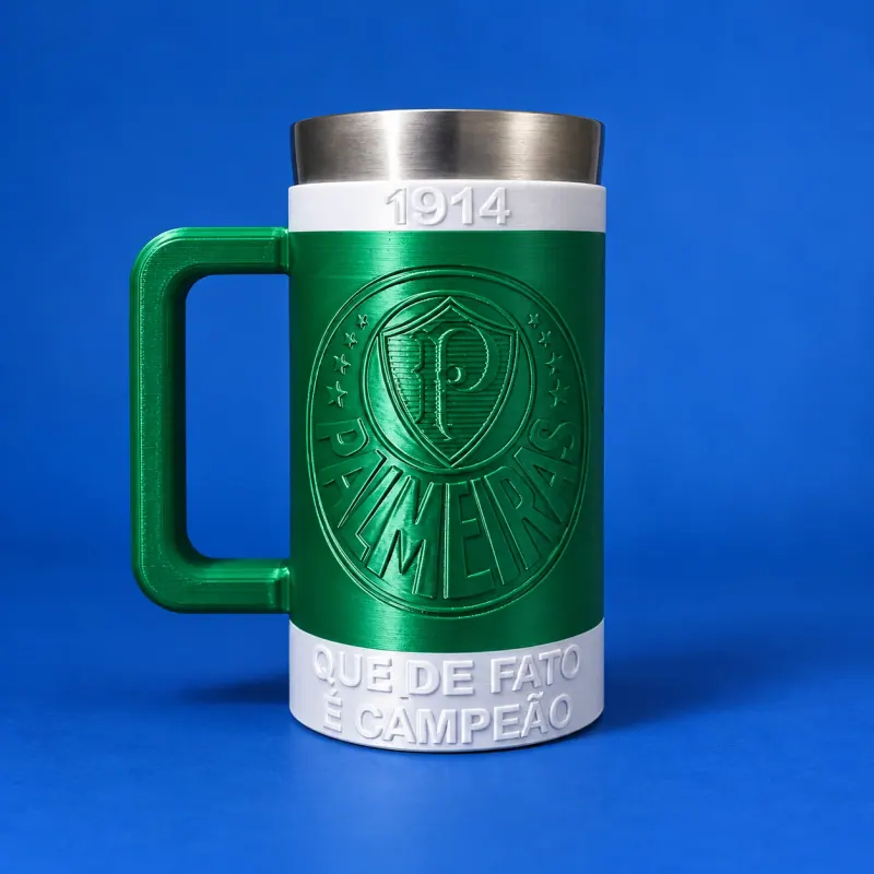 Suporte Palmeiras com alça em fundo azul, copo metálico apenas demonstrativo