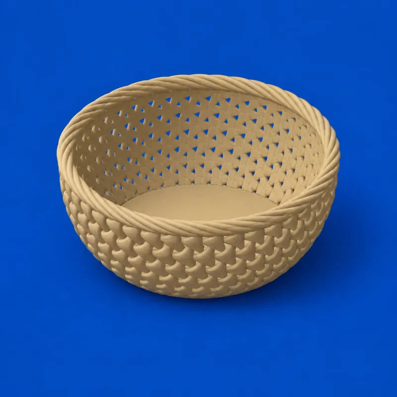 Cesto Trançado Redondo em plástico impresso 3D sobre fundo azul