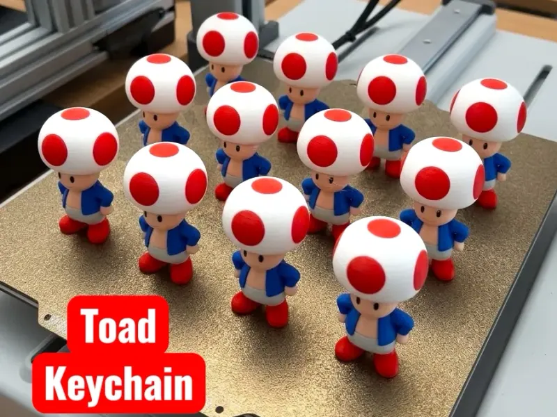 Lote de Toad impresso sobre mesa texturizada, chapéu branco com círculos vermelhos, colete azul, rosto claro, calção branco e sapatos vermelhos; olhos pretos pequenos impressos