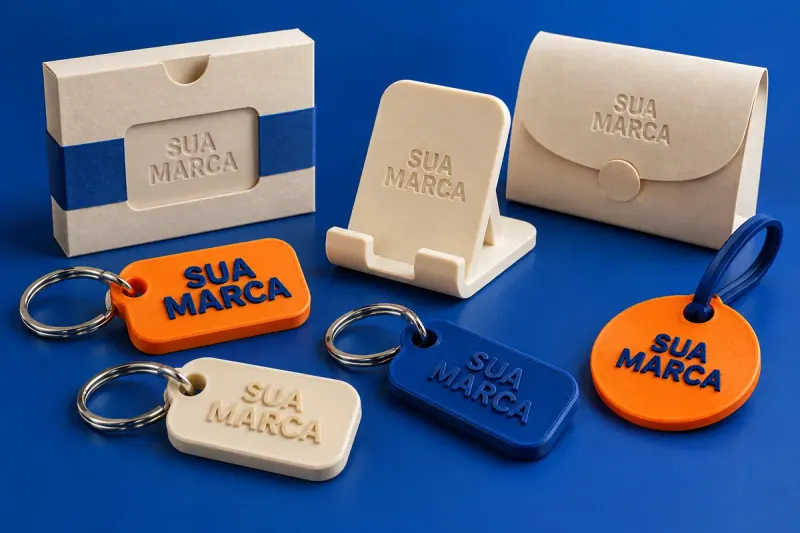Chaveiros e suporte de celular impressos em 3D com SUA MARCA em relevo para presentear clientes