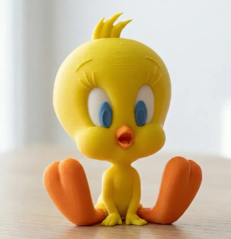 Piu-Piu bebê impresso em amarelo, laranja, branco e azul, sentado sobre uma superfície clara, com linhas de camada visíveis e sem ferragem na foto