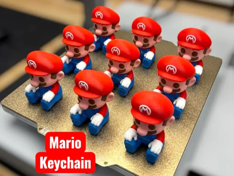 Lote de Mario Chibi sentado sobre mesa de impressão, com boné vermelho, emblema e luvas brancas, macacão e calçados azuis, rosto claro e olhos castanhos impressos