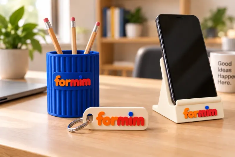 Brindes ilustrativos com a logo Formim como exemplo de personalização