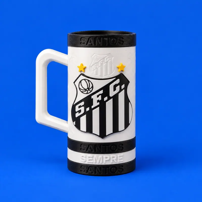 Porta-lata Santos branco e preto com alça branca e duas estrelas amarelas sobre o escudo