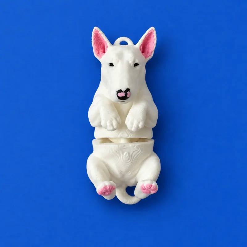 Chaveiro Bull Terrier Articulado · Branco · detalhes rosa