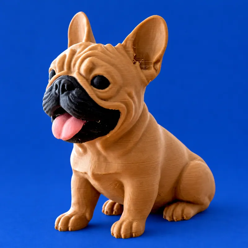 Frenchie Filhote sentado com textura de filamento sobre superfície azul